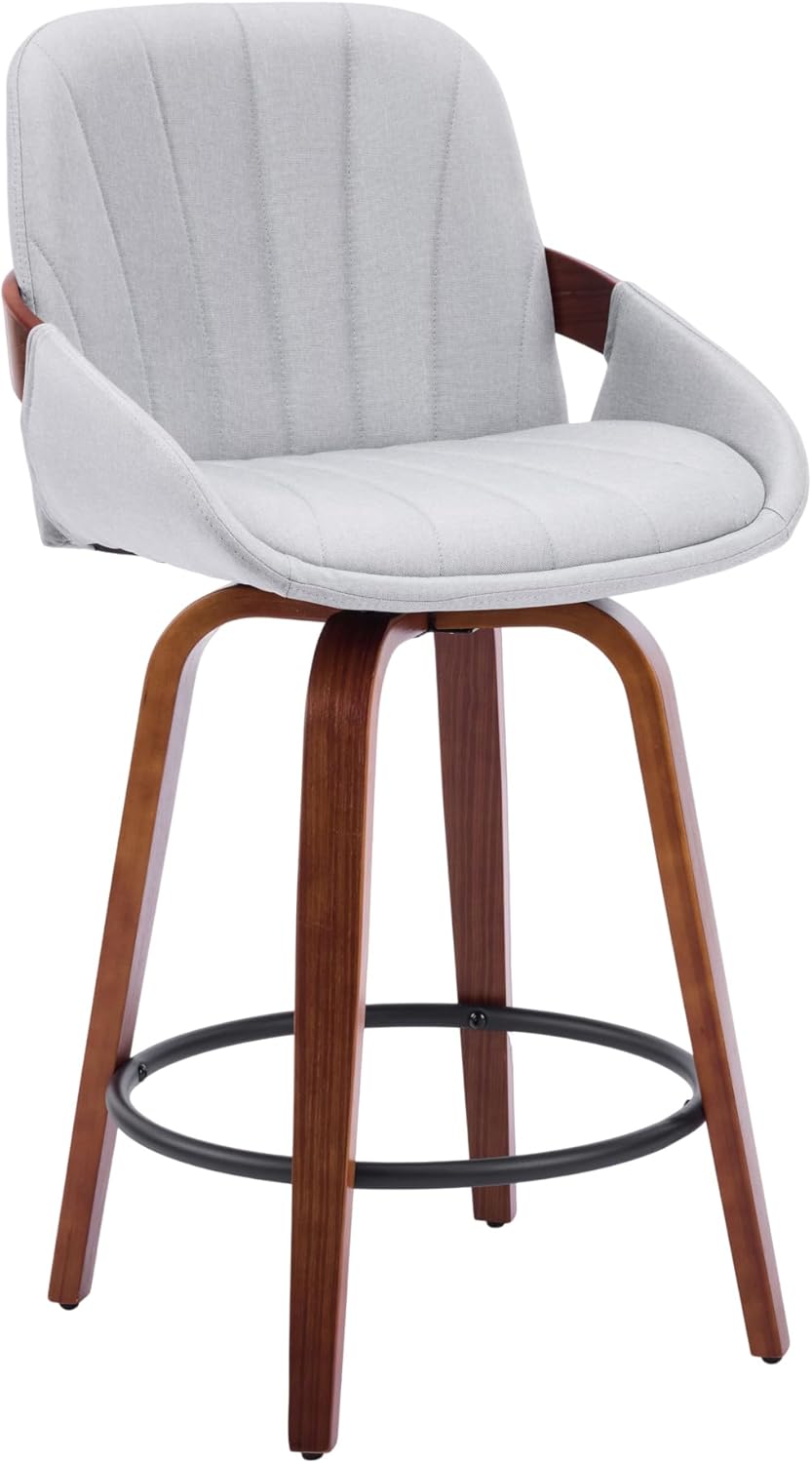 Swivel Bar Stools Set of 4, 26" Linen Fabric Upholstered Counter Height Barstools with Curved Back & Bentwood Legs Mid Century Modern Bar Chairs for Kitchen Island Counter, Grey