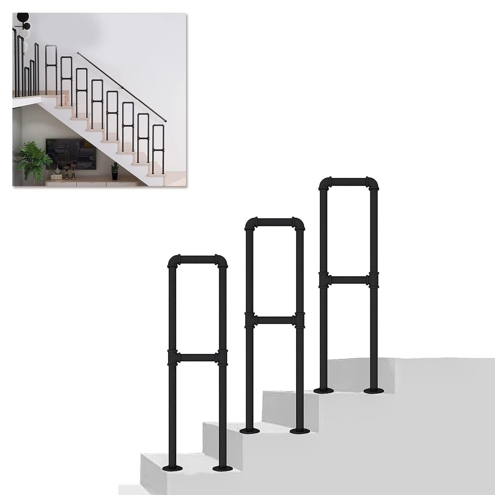 Main courante extérieur et intérieur, rampe escalier métal noir et poteau en U