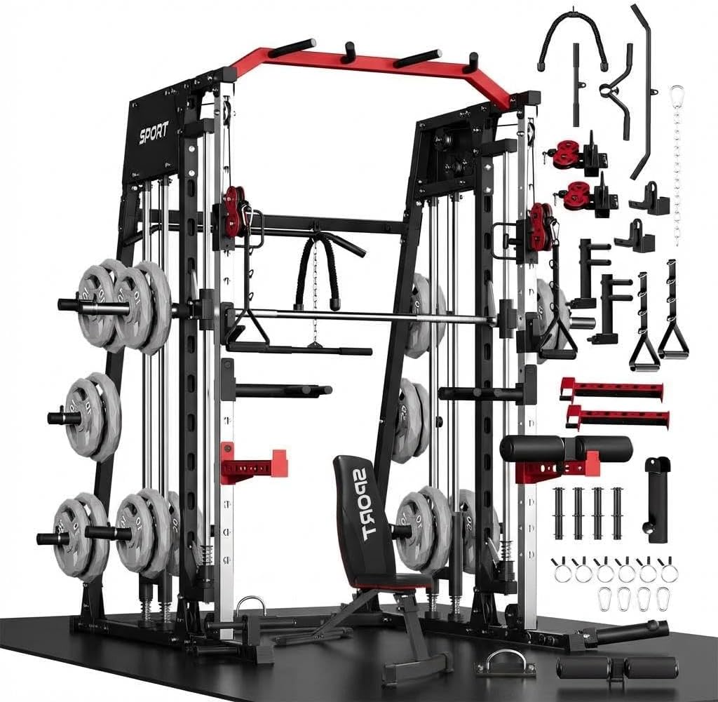 Smith Machine Home Gym All-in-1, 2200LBS Power Cage with Dual Cable Pulley Systems, LAT Pull-Down & Leg Hold-Down | Complete Strength Training Equipment for Full Body Workouts