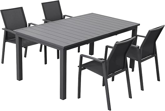 Wisteria Lane Outdoor Patio Dining Set, 5 Piece Aluminum Modern Outdoor Table and Chairs Set for 4, Metal Expandable Patio Table & 4 Stackable Textilene Chairs for Balcony Deck Backyard, Grey
