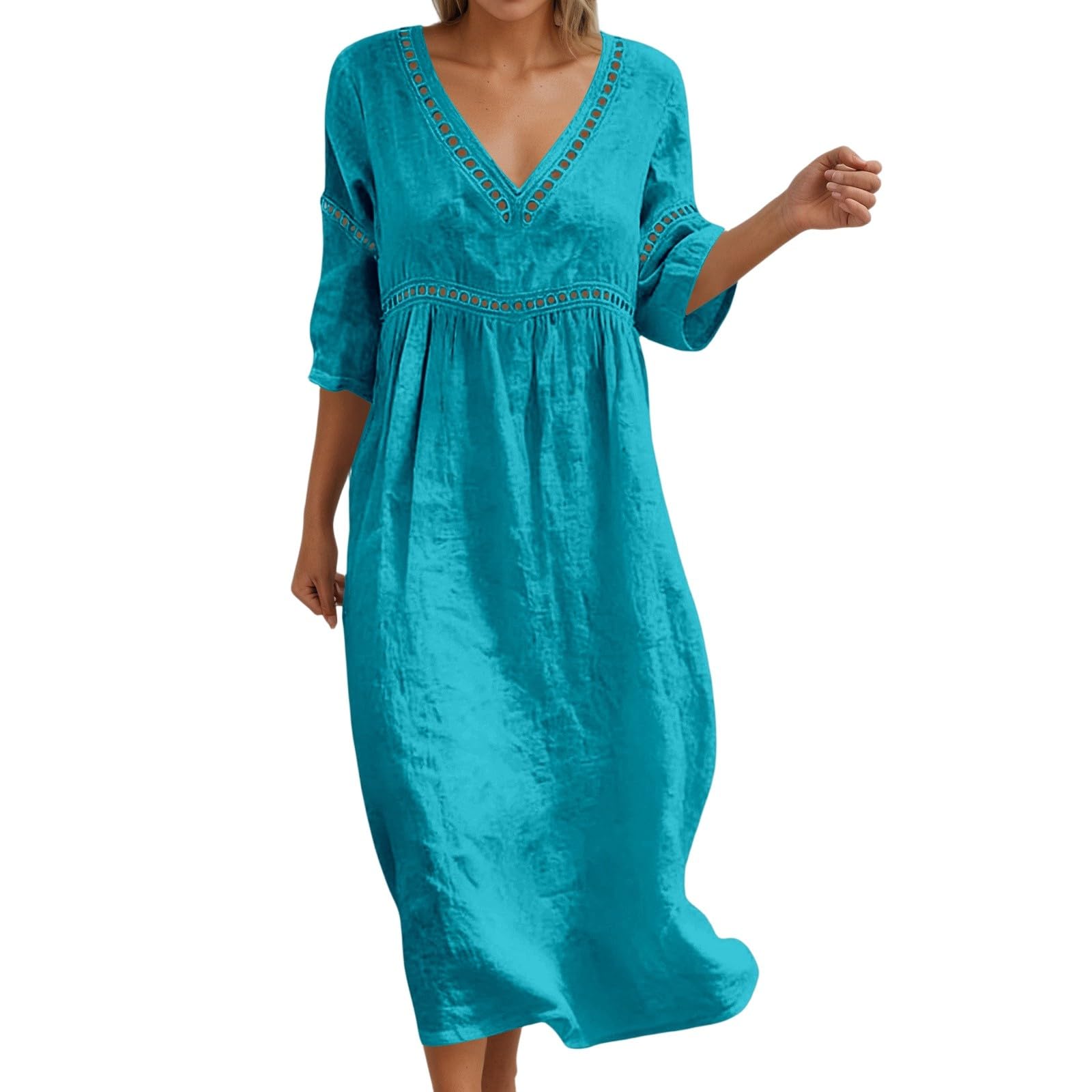 Vestito Lino Donna Estivo Abito Estivo da Donna a Maniche a 3/4, Abito Casual con Scollo V, in Cotone, Camicetta, Casual, Abiti Tunica Bianco Lungo