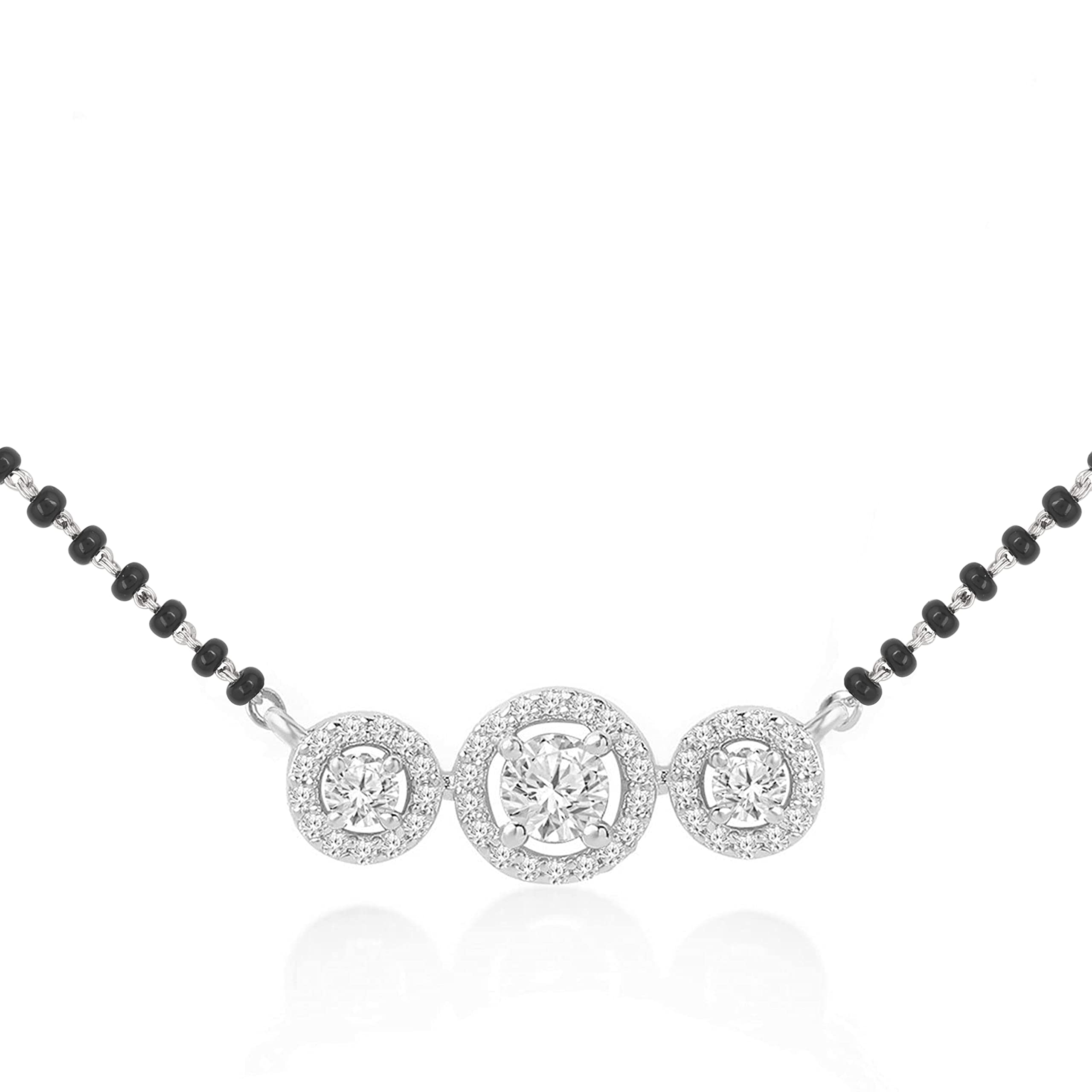 MINUTIAE Stylish Three Stone Pendant Necklace Black Beads Mangalsutra For Women With Extendable Chain (Silver) (B0BZHGDFW9) Amazon Price History, Amazon Price Tracker