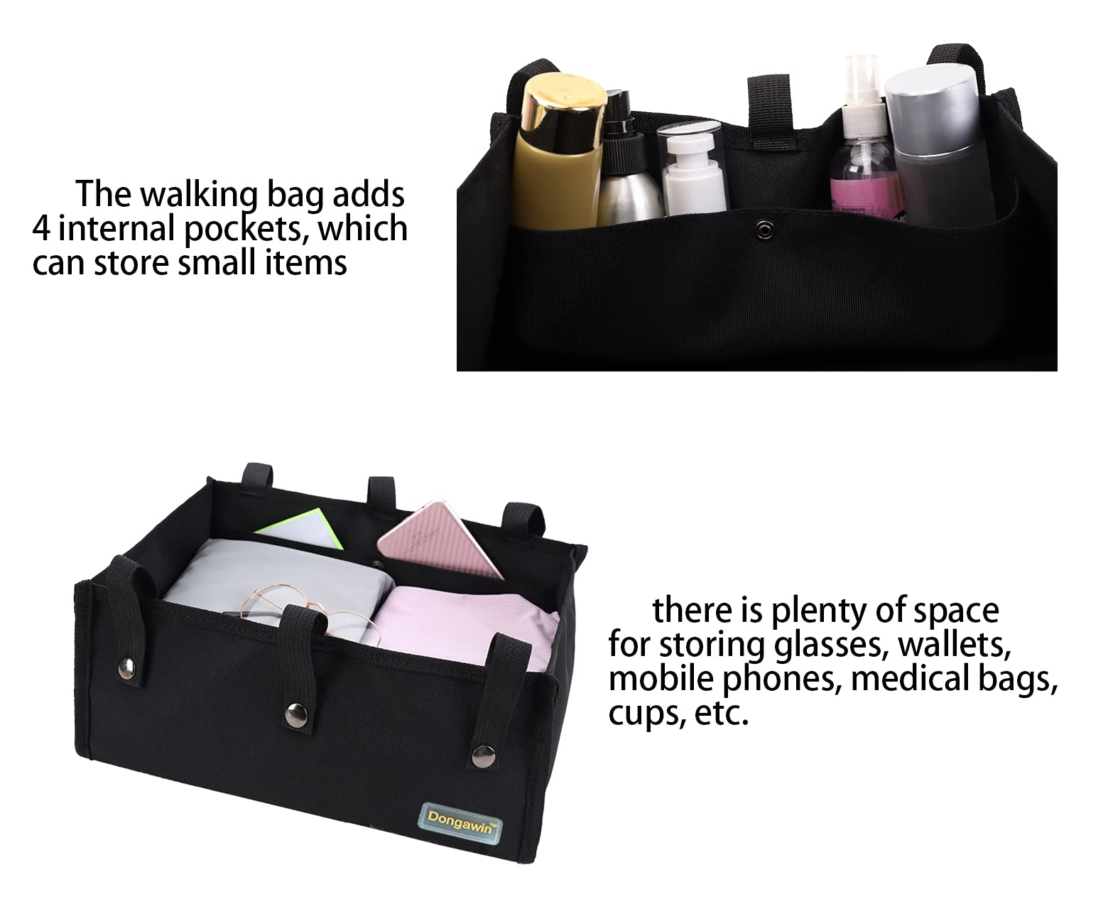 Bolsa para andar debajo del asiento para rodador, bolsa con ruedas y organizador de almacenamiento para caminantes para senoirs, accesorios para andadores (grande, negro)