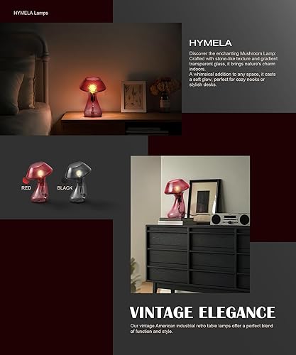 Miniatura 4 de V06 - Lámpara de mesa vintage con forma de hongo, lámparas de mesita de noche regulables con vidrio transparente, lámpara de noche roja retro,