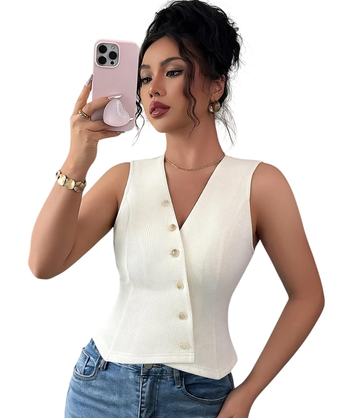 Women's Sleeveless V-Neck Button Front Waistcoat Top | Elegant Summer Casual Vest Tops | Slim Fit Office Tank Top-image-10