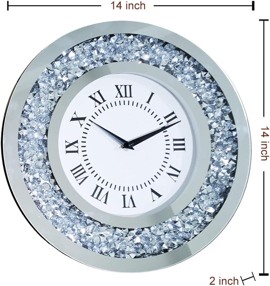 Silver Mirror Clock Crystal Sparkle Twinkle Bling Crush Diamond Mirrored Large Wall Clock for Wall Decoration Silver Glass Mirror Home Décor. AA Battery is not Included. (14 inches-Round)