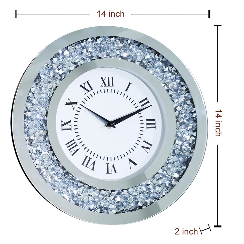 Silver Mirror Clock Crystal Sparkle Twinkle Bling Crush Diamond Mirrored Large Wall Clock for Wall Decoration Silver Glass Mirror Home Décor. AA Battery is not Included. (14 inches-Round)