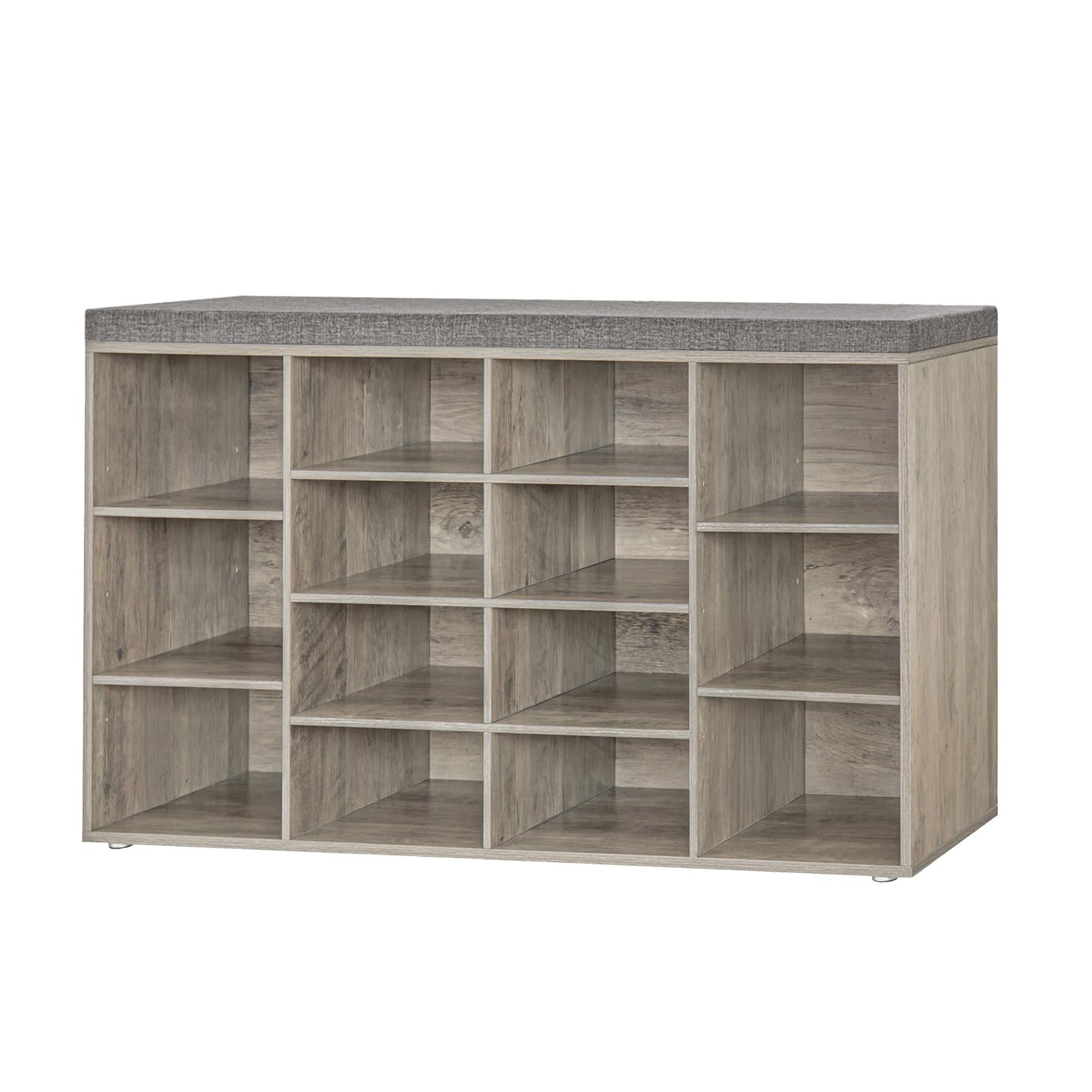 DINZI LVJ Shoe Storage Bench with Cushion, 14-Cubby Shoe Rack, Adjustable Shelves, Multifunctional Shoe Organizer Bench for Entryway, Mudroom, Hallway, Living Room, Bedroom and Garage, Gray Wash