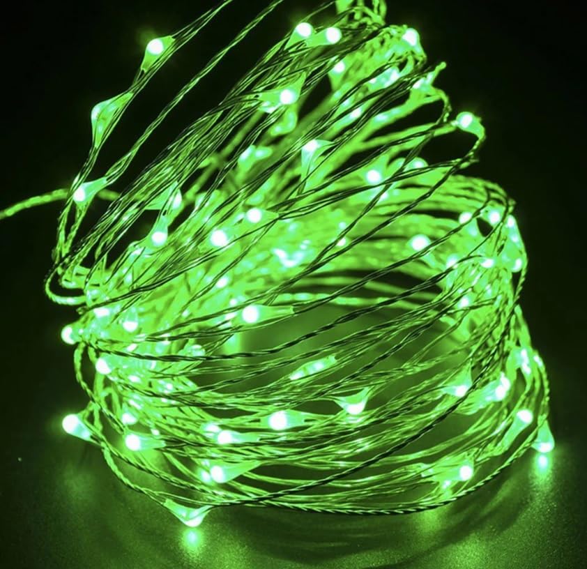 Volunx LED Fairy Lights, Battery Operated Silver Copper Wire String Lights, 1/3/5/10m Length Options for Indoor Outdoor, Christmas, Halloween, Bedroom, Party Decoration (Green, 10m / 100LED)