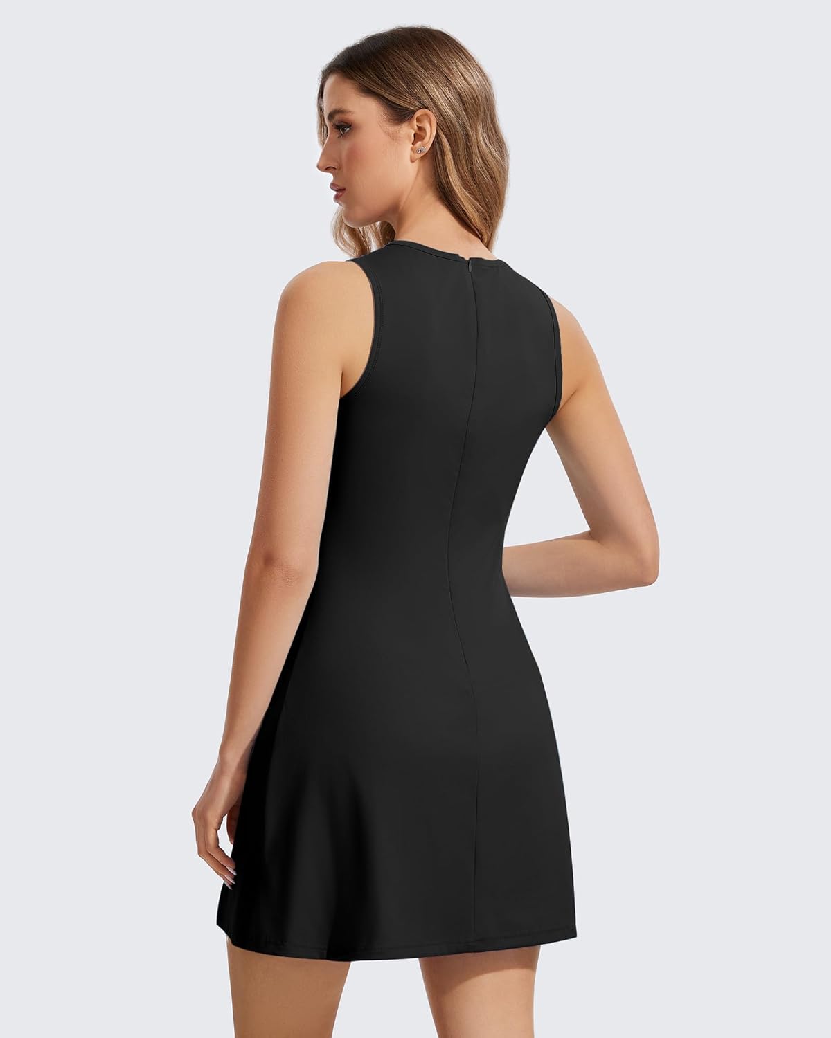 Womens Crew Neck Tennis Dress Side Slit Golf Athletic Dress Sleeveless Active Dress Build in Shorts with Pockets