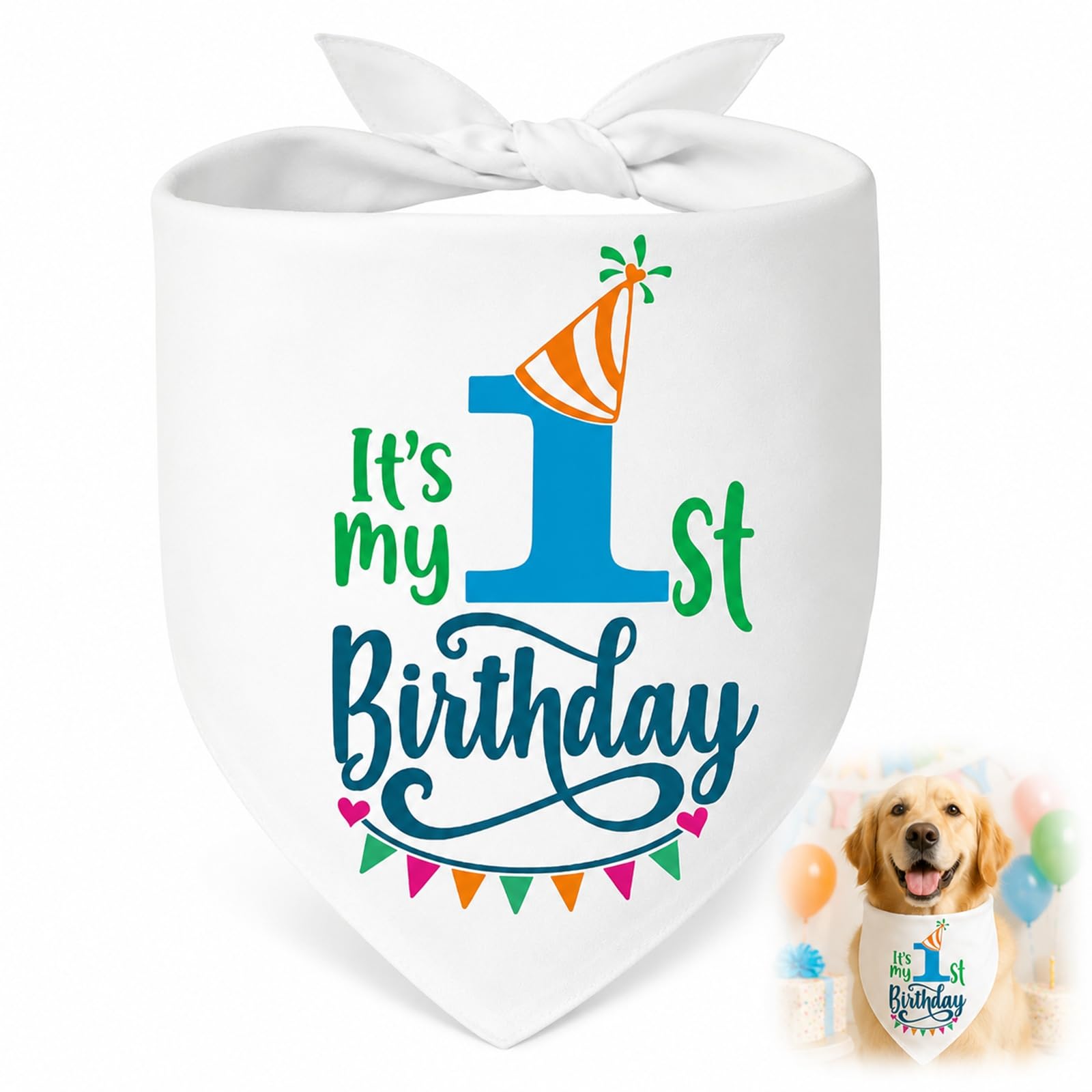 Dog 1st Birthday Bandana - White Triangle Scarf, Soft Breathable Fabric, Colourful Printed Party Bib, Tie On Neckwear for Puppies Small Medium Large Dogs, Photo Celebration Accessory