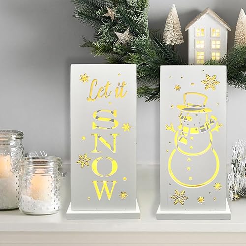 Miniatura 7 de Decoraciones de Navidad para el hogar, letrero de muñeco de nieve LED iluminado con temporizador, diseño hueco, letrero de mesa de madera estilo