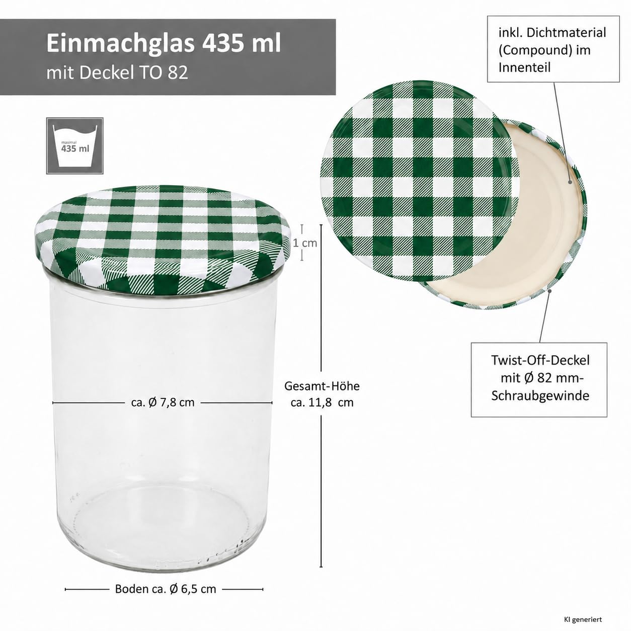 MamboCat 48-częściowy zestaw słoików na przetwory 435 ml słoiki na marmoladę słoiki na przetwory słoiki na przetwory słoiki na przetwory do 82 zielonych pokrywek w kratkę wraz z zeszytem z przepisami Gelierzauber