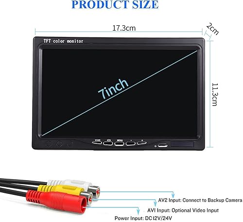 Miniatura 3 de B-Qtech Solo monitor de cámara de respaldo HD de 7 pulgadas, pantalla LCD TFT de visión trasera a color para automóvil, SUV, camioneta, V1V2 dos