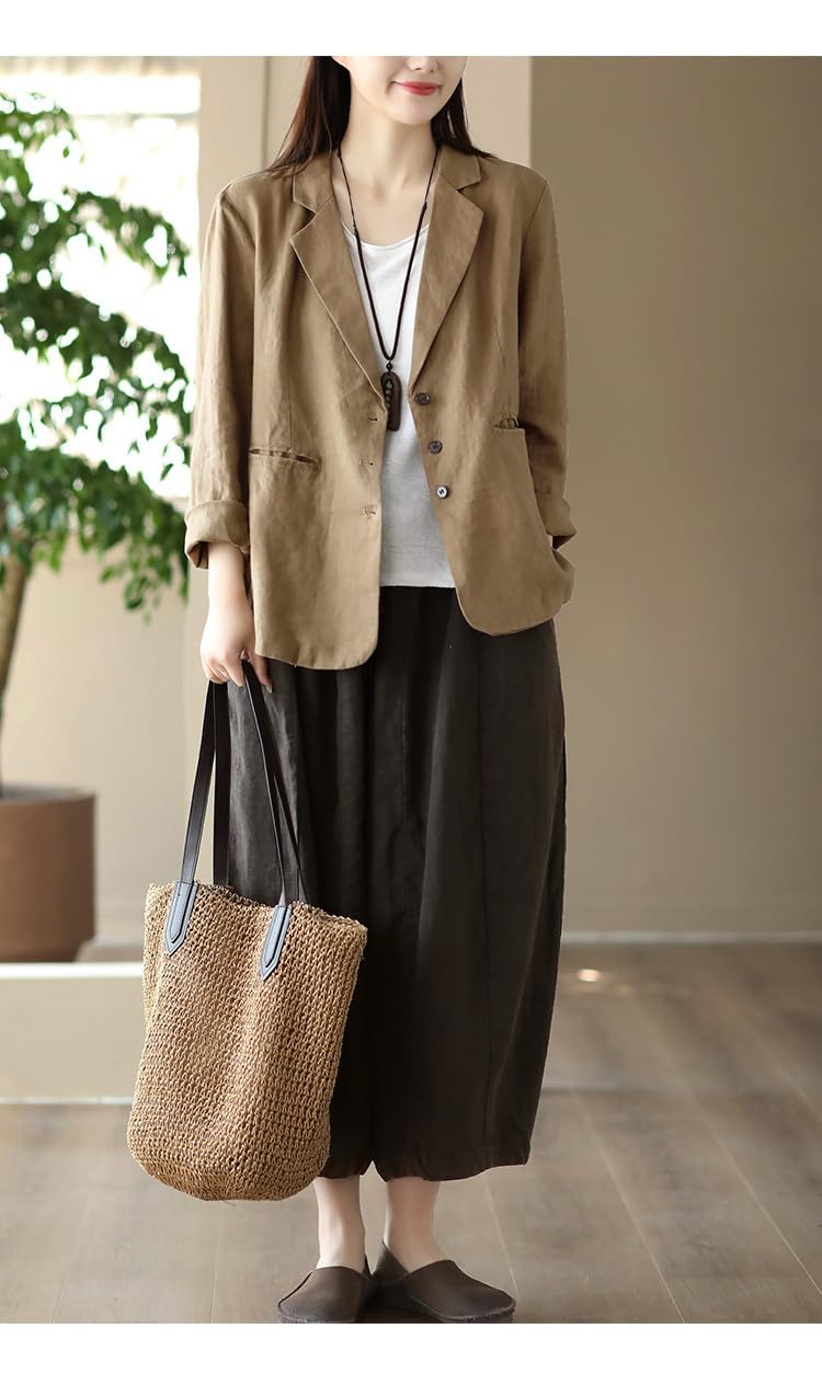 Elegante Blazer Mujer - Blazers De Algodón Y Lino para Mujer Chaquetas De Manga Larga con Botones Y Bolsillo Ropa De Abrigo Informal Chaqueta Ligera con Solapa De Muesca para Mujer Trajes De Oficin