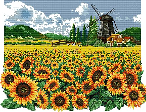 Awesocrafts Kit de bordado de punto de cruz, diseño de girasol, flores de mar, fácil patrones, punto de cruz, suministros de 14 quilates, 2 hebras (flores) Cover