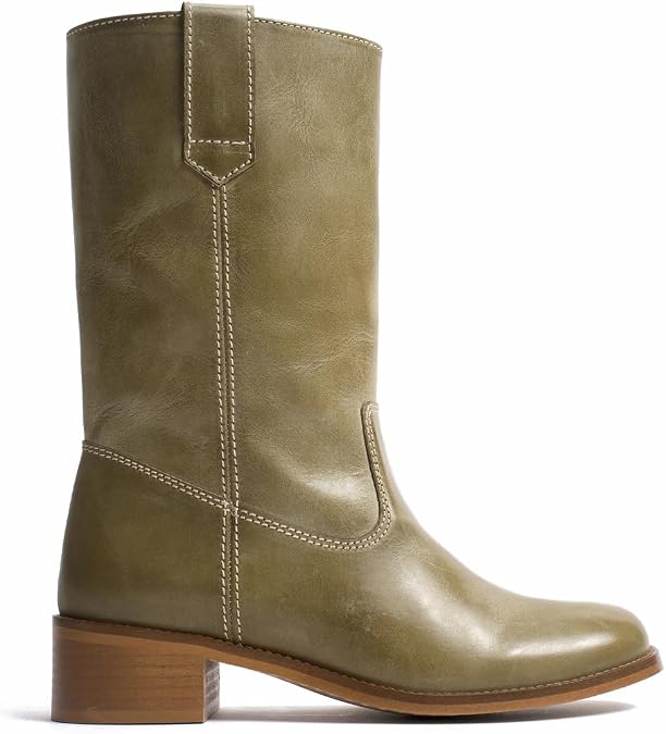 Womens Mid Calf Boots Chunky Block Heel Round Toe Boots Comfortable Low Heel Pull on Campus Casual Boots