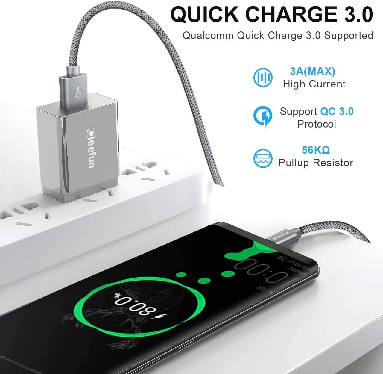 CLEEFUN USB C Cable 3A Fast Charging [2-Pack, 3ft], Nylon Braided USB A to Type C Charger Cord Compatible with Galaxy S10 S9 S8 Plus S10e, Note 10/10+/9/8, Moto G7 G6, LGG8 G7 G6 V35