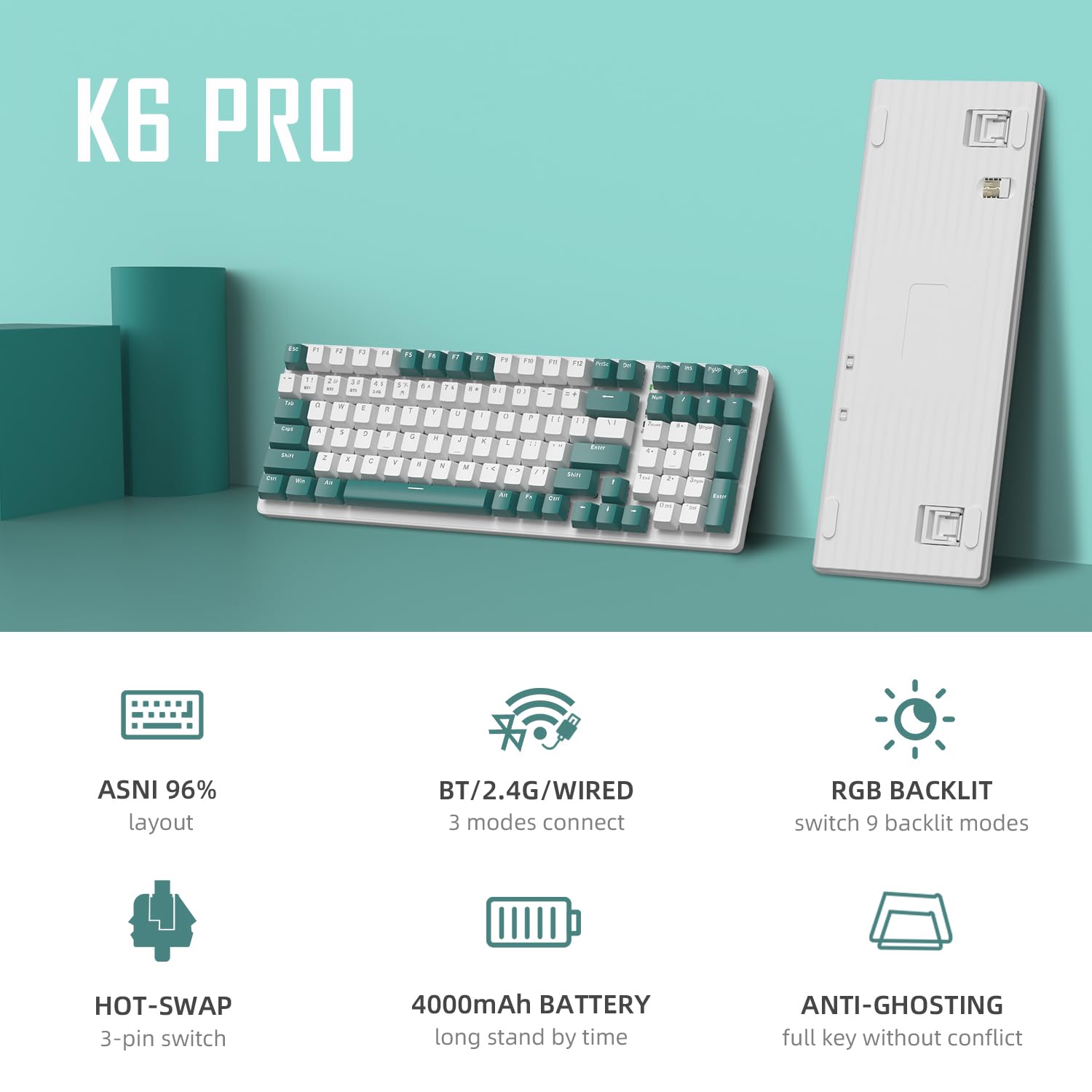 MAMBASANKE K6 Pro 96% 3 tryby Mechaniczna klawiatura do gier Hot Swap 4000 mAh 2,4 Ghz/Bluetooth 5.0 / Klawiatura przewodowa ze spiralnym kablem USB Type-C 9 RGB Niebieski przełącznik-zielony