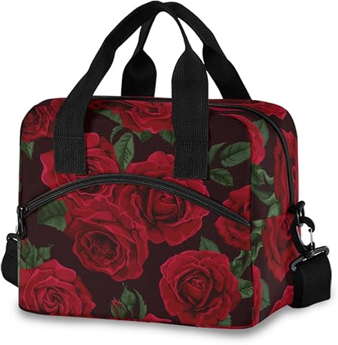 Bolsa de almuerzo aislada para mujeres y hombres, con diseño floral de rosas rojas, lonchera reutilizable, bolsa de almuerzo grande para el trabajo,