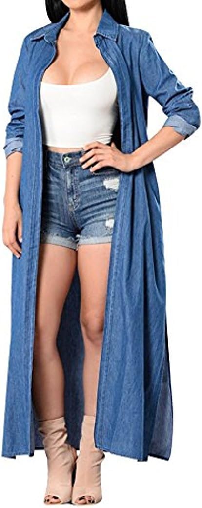 Women's Casual Denim Thin Cardigan Trench Side Slit Long Shirt Dress (Large, Blue)
