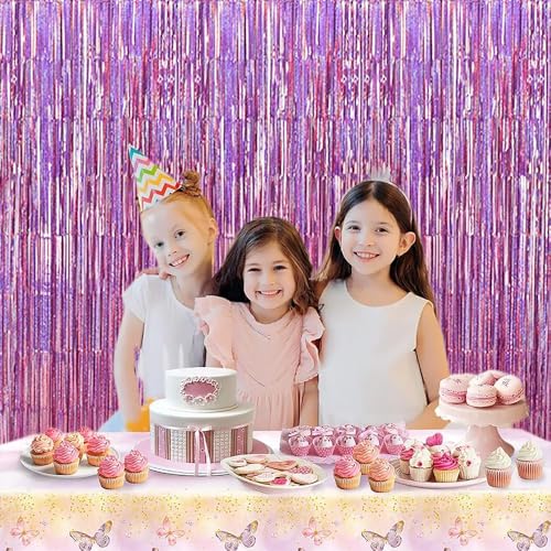 Image of TONIFUL 3Pcs Laser Light Pink Door Streamers,Laser Pink Photo Booth Backdrop Metallic Streamers Pink Foil Fringe Curtains for Birthday,Christmas,New Year,Bachelorette,Grad Party(9.9ft x 6.6ft)