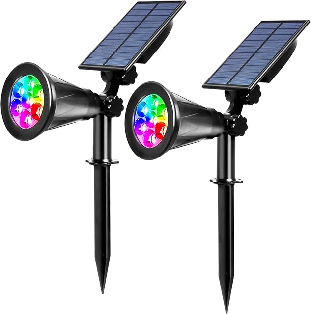 2pcs Solar Spotlights Outdoor 7 LED RGB Lighting Colours Changing Landscape Lights Waterproof Ground Light Wall Security Lighting Auto On/Off for Pathway, Walkway, Patio, Yard