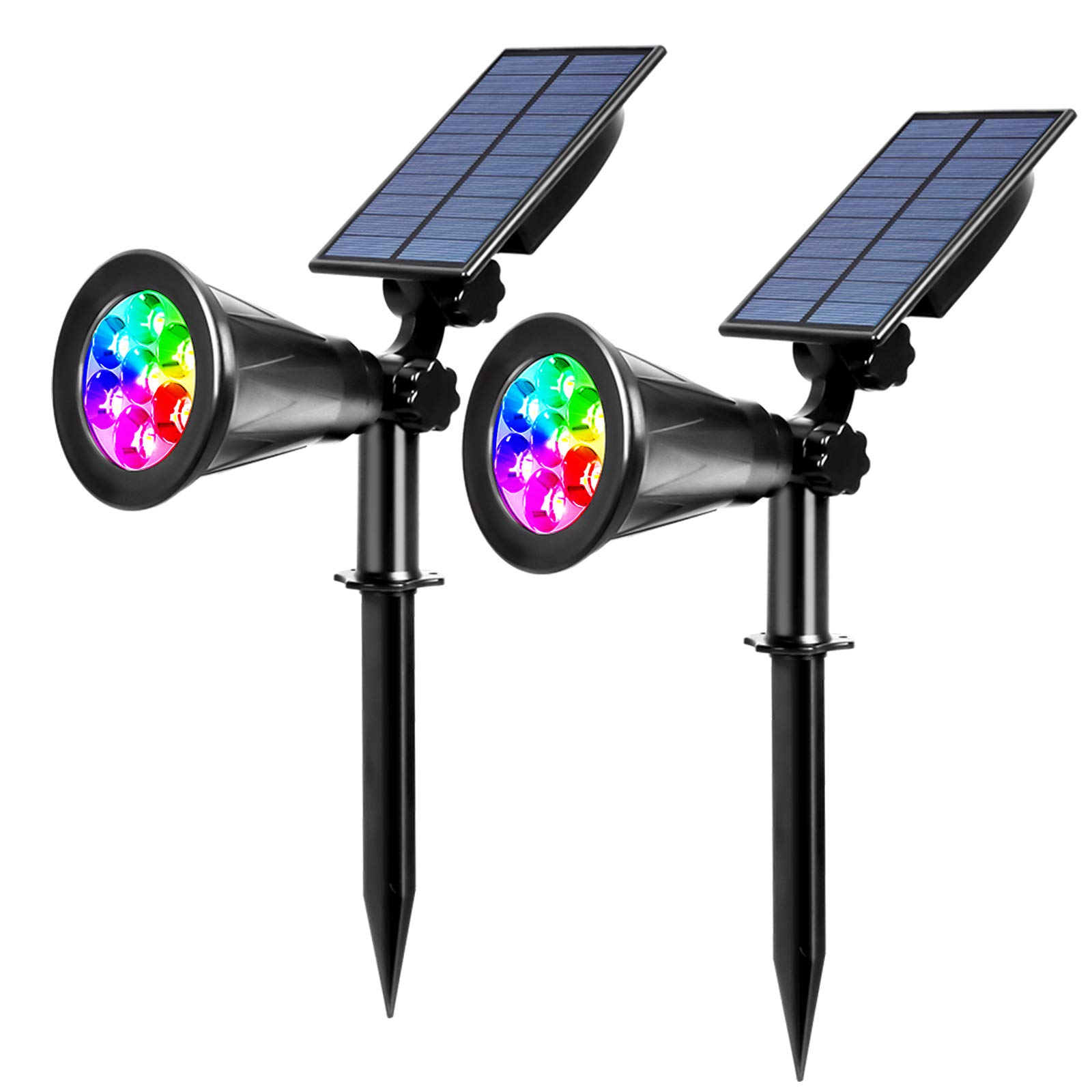 ILIKEPOW2pcs Solar Spotlights Outdoor 7 LED RGB Lighting Colours Changing Landscape Lights Waterproof Ground Light Wall Security Lighting Auto On/Off for Pathway, Walkway, Patio, Yard