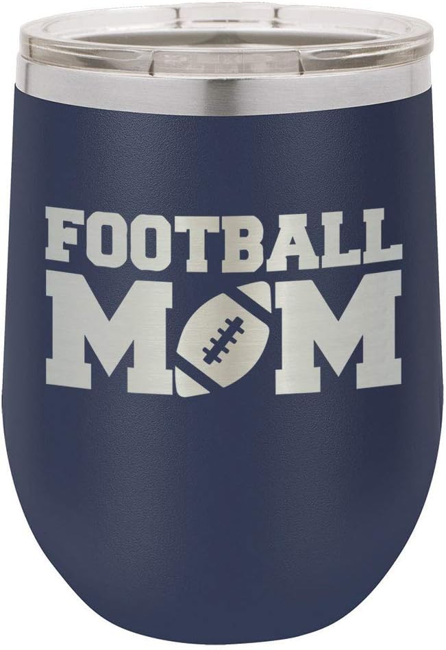 FOOTBALL MOM Navy 12 oz Stemless Wine Glass With Lid | Custom Engraved With Funny Quotes and Sayings | Stainless Steel Wine Tumbler | OnlyGifts.com