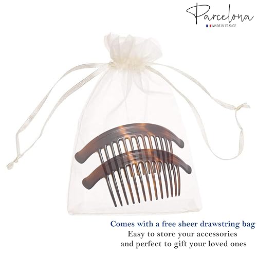Miniatura 7 de Parcelona Par de peines laterales entrelazados de arco francés extra grande con carcasa marrón tortuga de 13 dientes