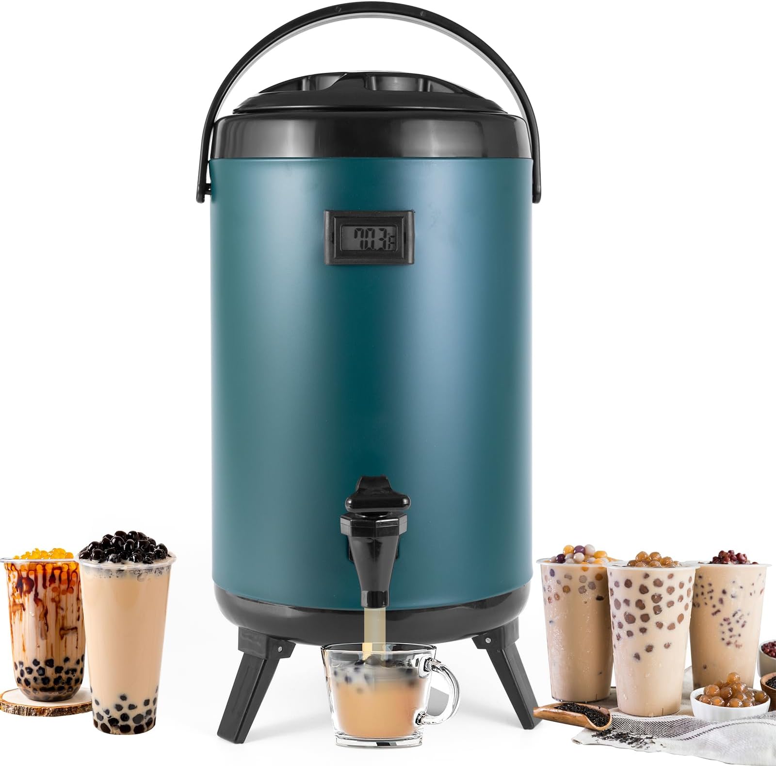 Hot Beverage Dispenser, Stainless Steel Insulated Beverage Dispenser Cold and Hot Drink dispenser with Thermometer– 8 Liters Water Dispenser with Spigot (12L, Green)