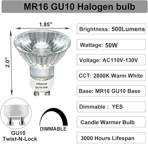 Miniatura 2 de Vinaco Bombillas halógenas GU10 de 50 W, 6 bombillas halógenas GU10+C 120 V 50 W, GU 10 regulable, blanco cálido, alto brillo MR16 con cubierta de