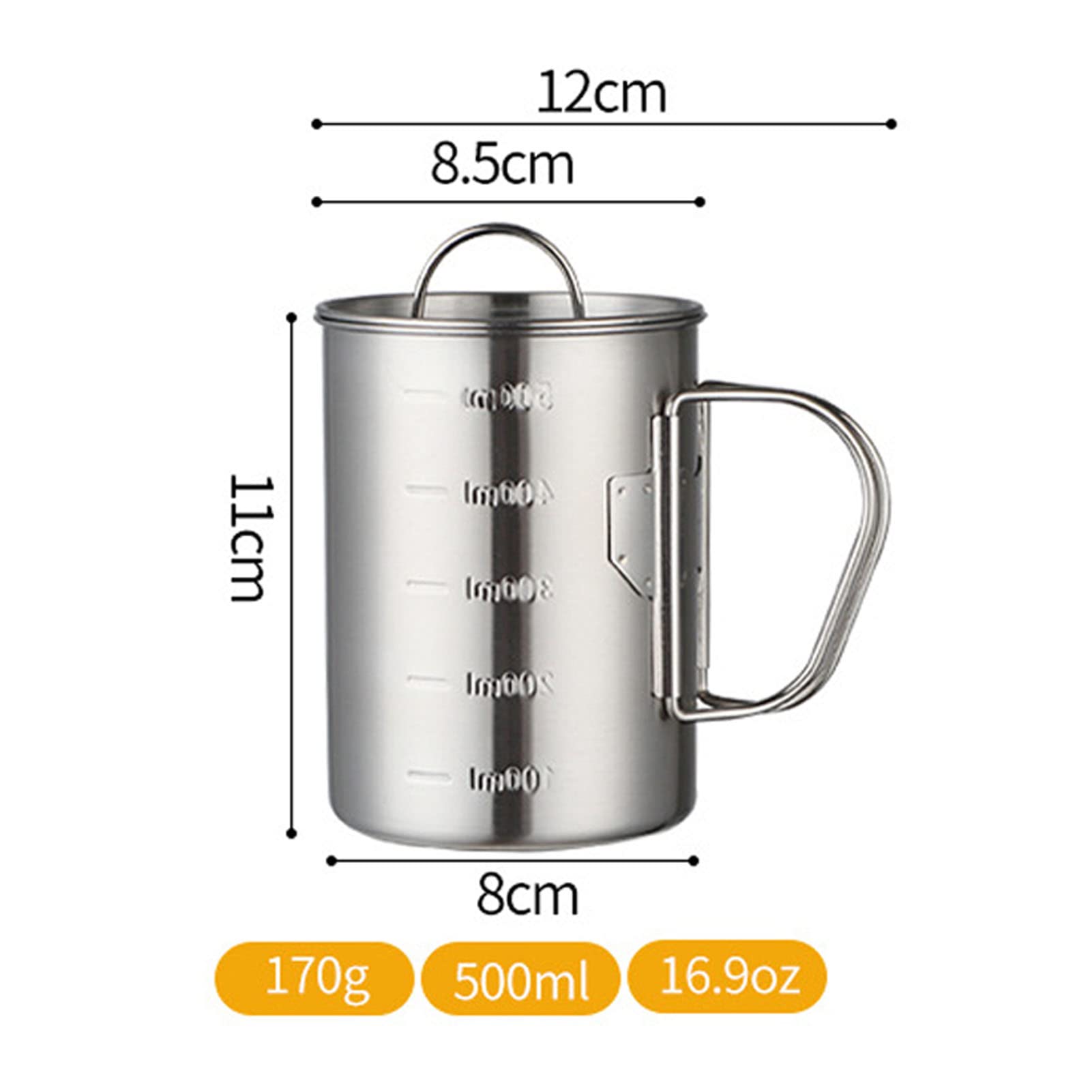 lyrlody Kubek Kempingowy ze Stali Nierdzewnej, Kubek z Uchwytem, ​​składanymi Uchwytami i skalą Objętości, Składany z pokrywką, na Piknik Kempingowy (500ML)