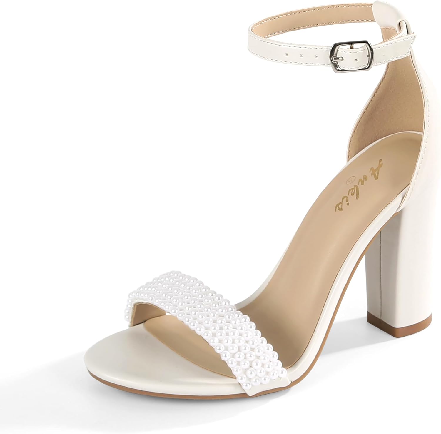 Ankis White Heels Wedding Shoes for Bride Women Chunky Heels Pearl High Heels Heeled Sandals 4 Inch