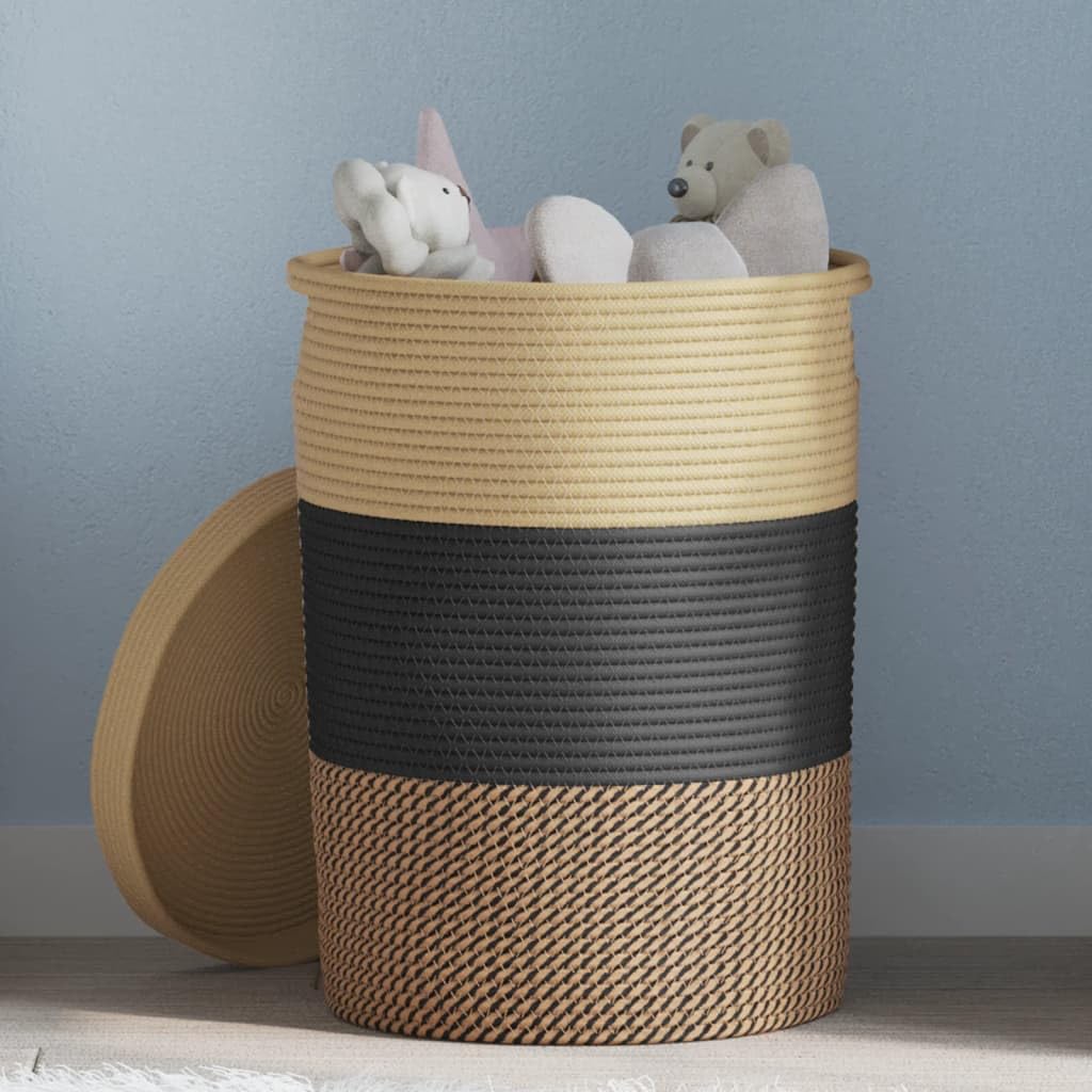 Aufbewahrungskorb mit Deckel Schwarz Beige aus Baumwolle geflochten Ø37x50cm mit Griffen, faltbar, vielseitig für Wohnzimmer Badezimmer Kinderzimmer im Boho Vintage Stil