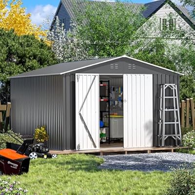 Udorich 10' x 12' Steel Outdoor Storage Shed, Galvanized Metal with Lockable Doors, Heavy-Duty Tool House for Garden, Gray and White