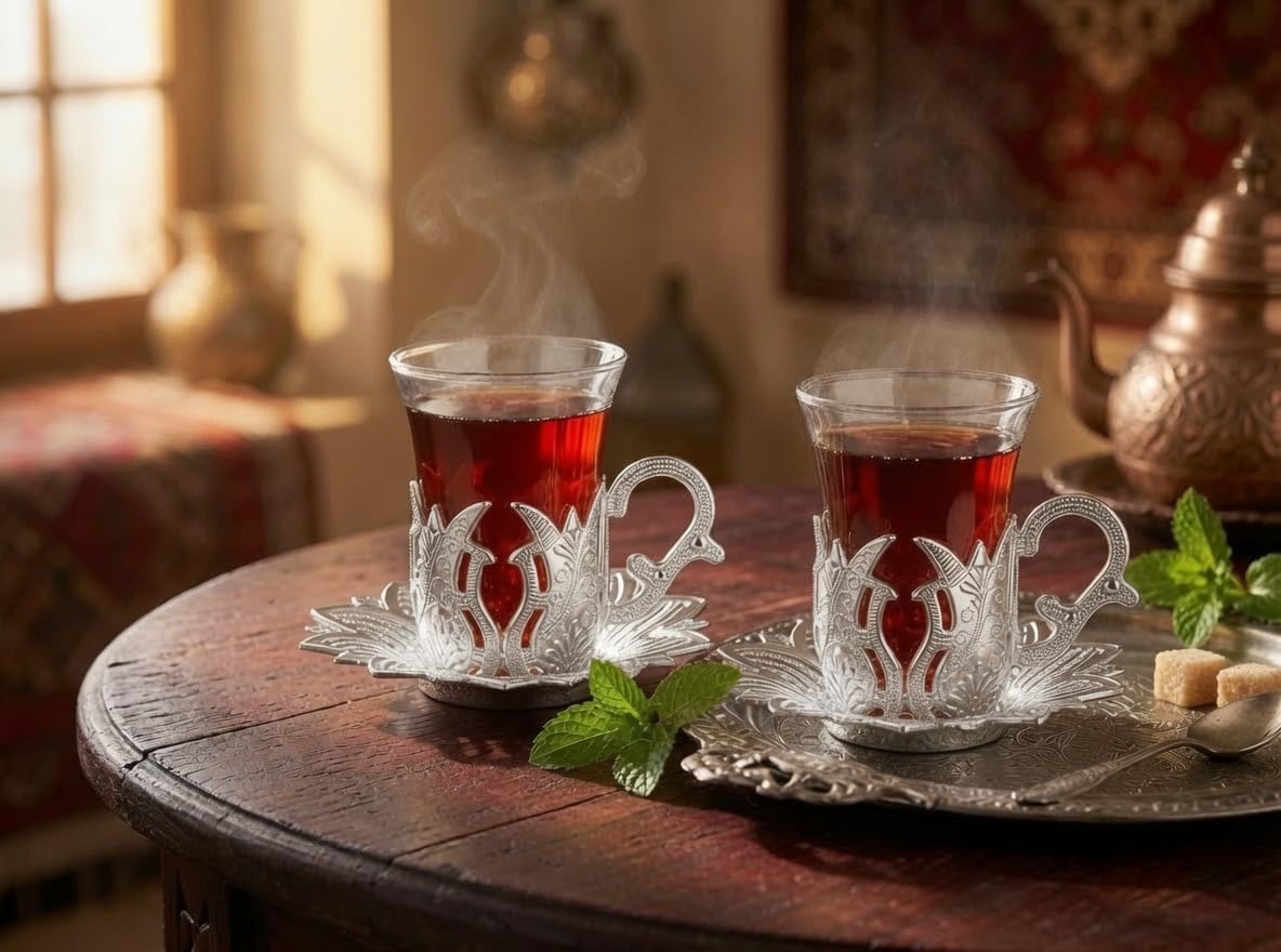 Alisveristime Ahsen Turkish Tea Set with 2 Glass Cups, 100ml (Silver)