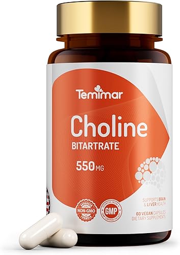 Suplementos de colina, apoyan la salud del hígado y el cerebro, bitartrato de colina 550 mg, vegano, sin OMG, sin gluten, fabricado en EE. UU., 60