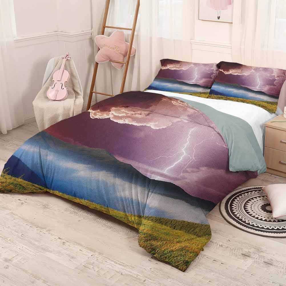 prunushome Nature 3-Piece Quilt SetSky with Electrical Storm Rays Powerful Effect on Earth Rural Landscape Print Comfy Bedding Green Pink Blue 80x90in/20x30inx2