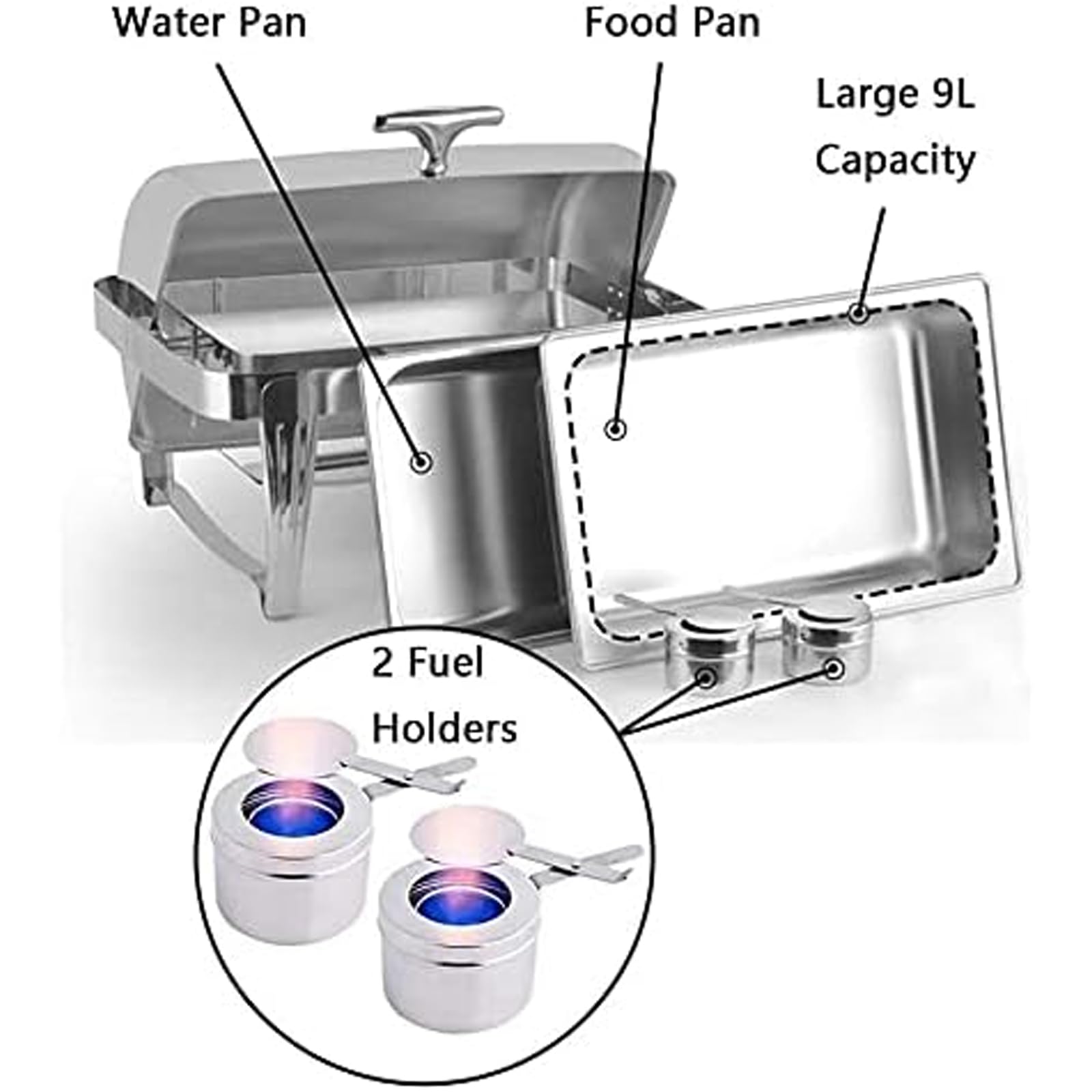 Set scaldavivande in Acciaio Inox per Buffet - Chafing Dish con Coperchio a Rullo da 9 Litri per Eventi con vaschetta per Cibo/Acqua e contenitori per combustibile
