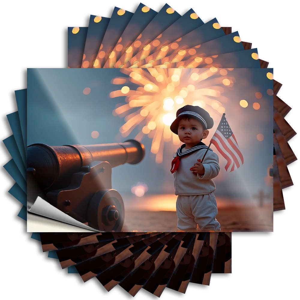 Tattoos Western | Half Laptop A Child in A Sailor Outfit Holds an American Flag with Fireworks in The for Tiki(8X12CM)
