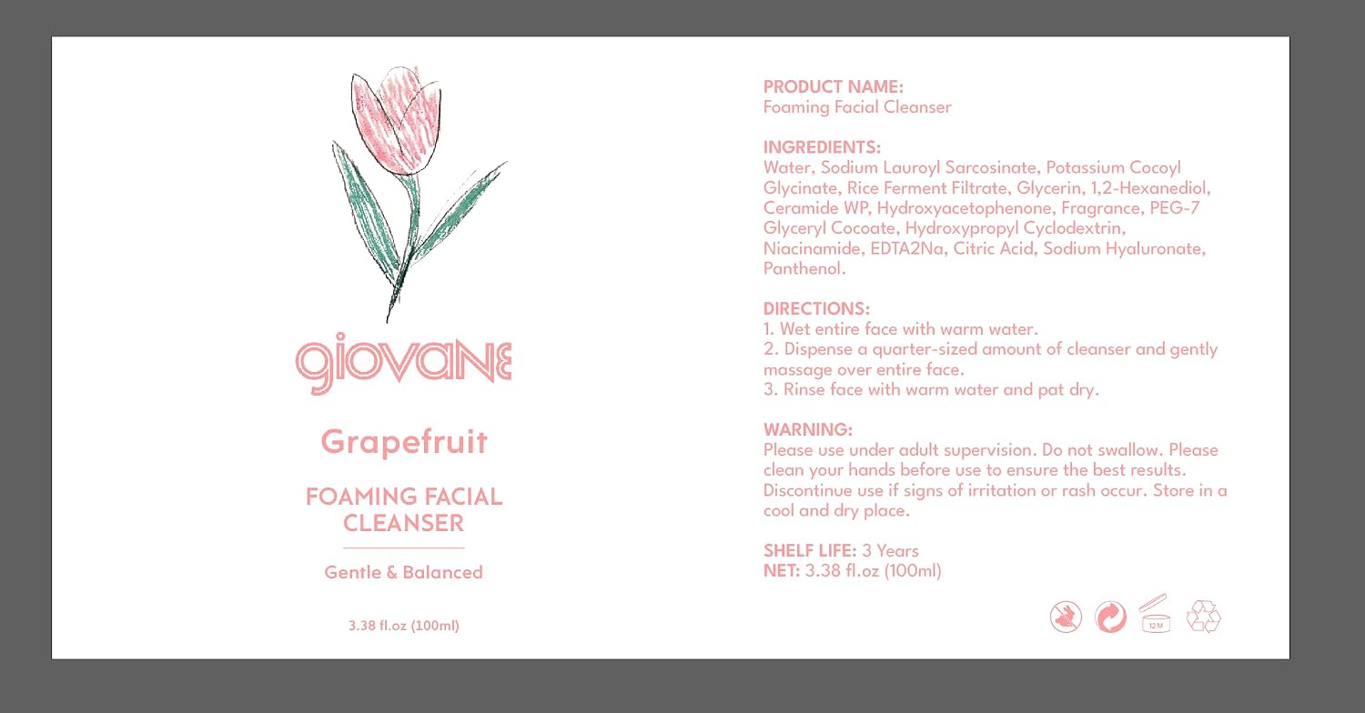 Giovane Gentle & Balanced Foaming Grapefruit Facial Cleanser & Wash, Vegan, Grapefruit Scent, for Kids, 3.38 Fl. Oz. image 5