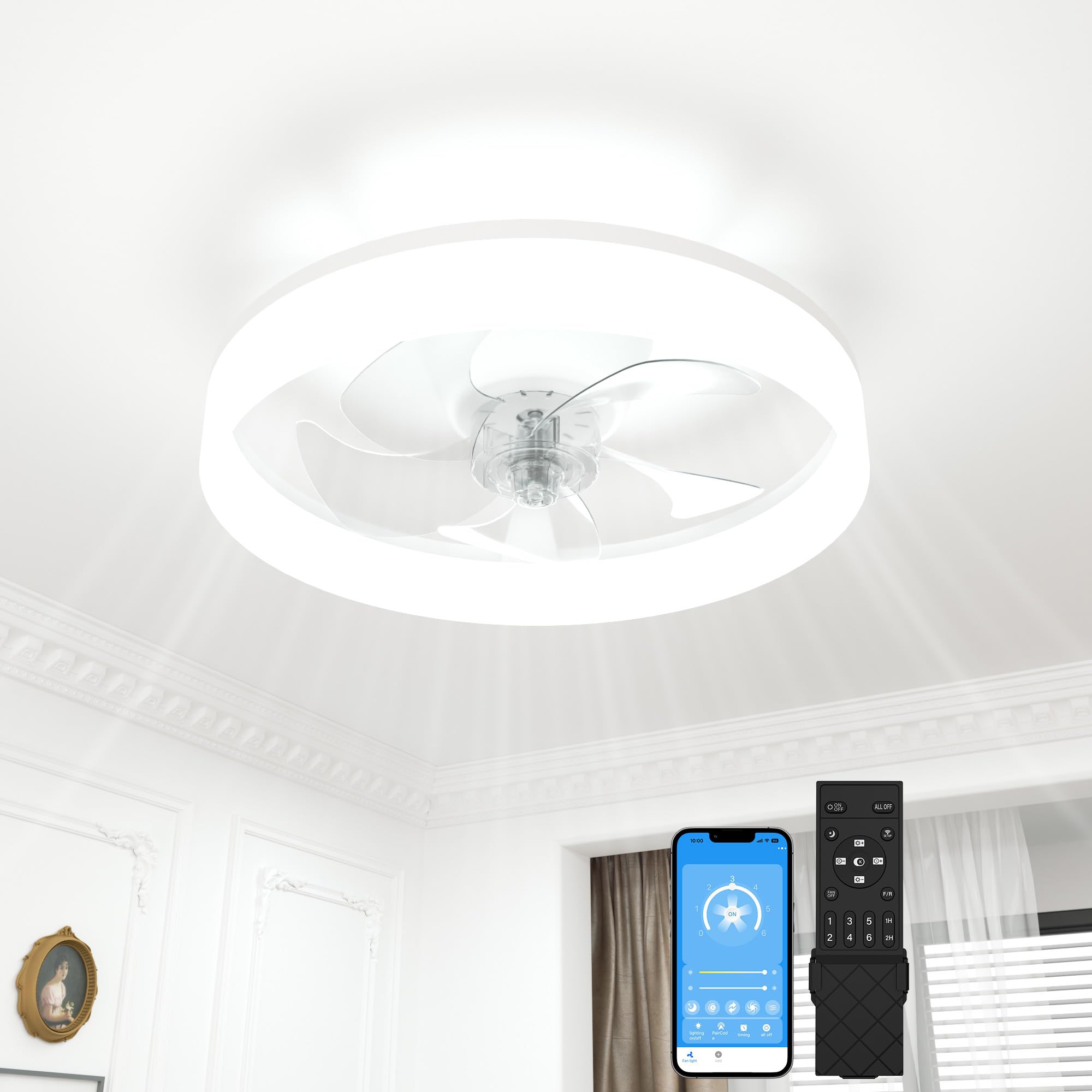SUNKENET Ceiling Fans with Lights and Remote, 40cm LED Fan Ceiling Light, 3000K-6500K Dimmable Smart Ceiling Fan Light, 6 Wind Speeds & Reversible, White Modern Fan Light Ceiling for Bedroom