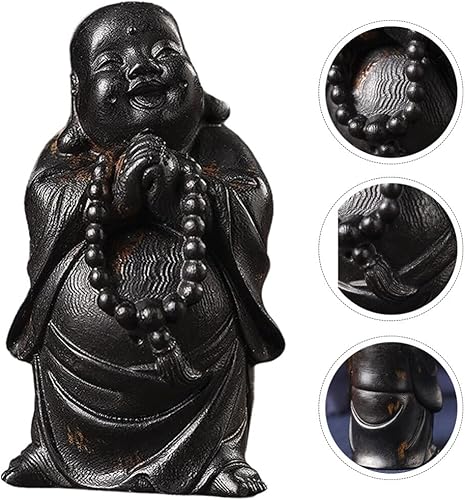 Miniatura 4 de Estatua de Buda de madera, figuras de Buda riendo de madera, estatua de Buda Mini adornos de jardín zen Estatua de Buda feliz de la suerte para la