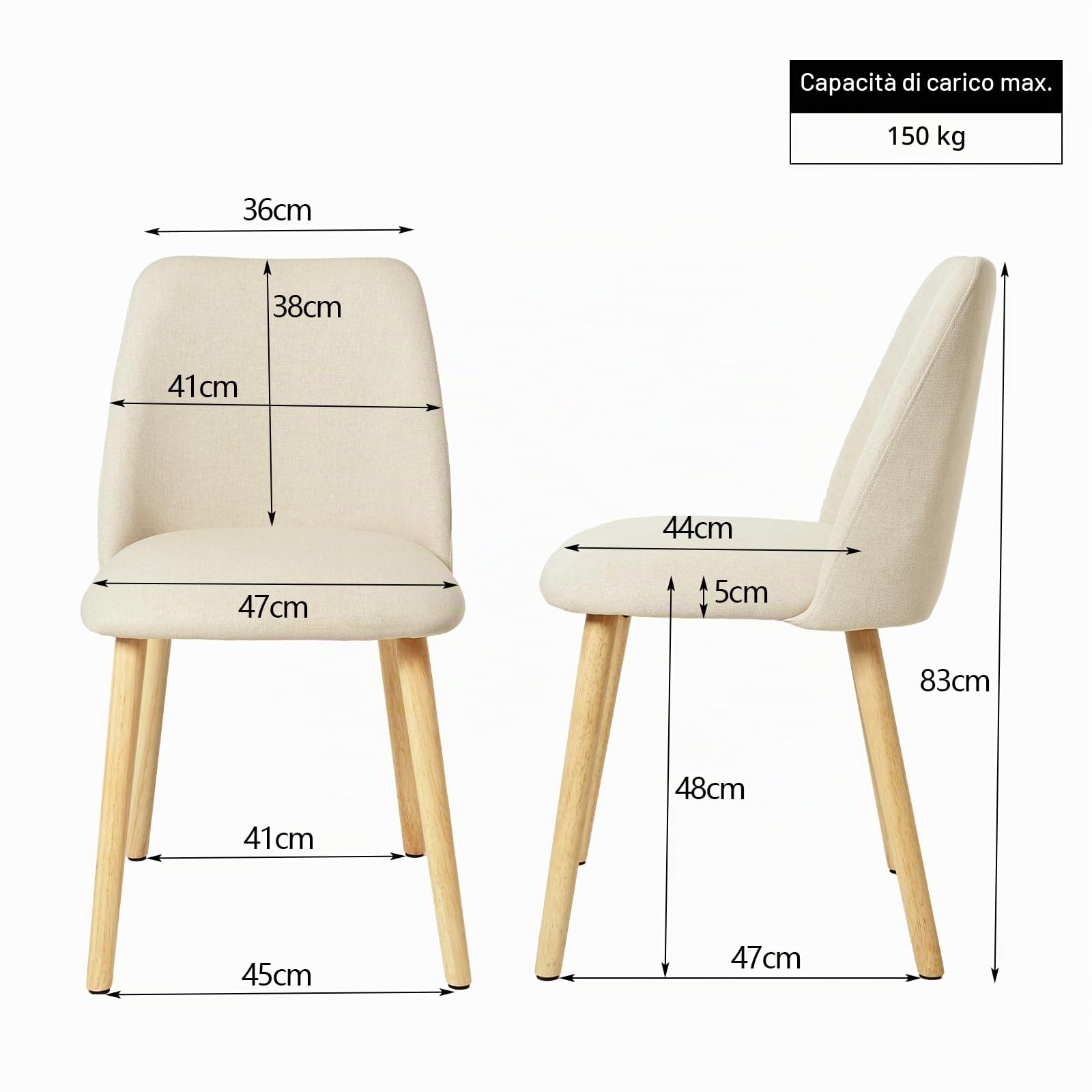 Set di 4 sedie da pranzo con gambe in legno, imbottite, in poliestere, per cucina, ufficio, crema