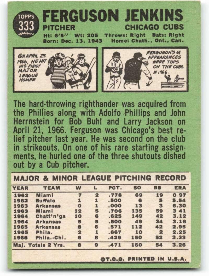 1967 Topps #333 Fergie Jenkins EX++ Excellent++ Chicago Cubs Baseball Trading Card