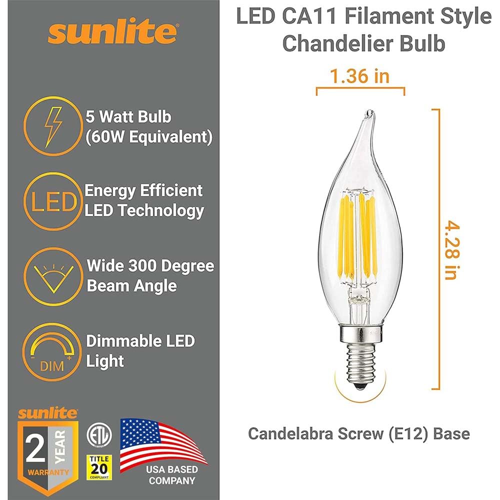 Sunlite 81107 LED Filament CA11 Flame Tip Chandelier Light Bulb 5 Watts 60W 600 Lm Candelabra Base E12 — view 2