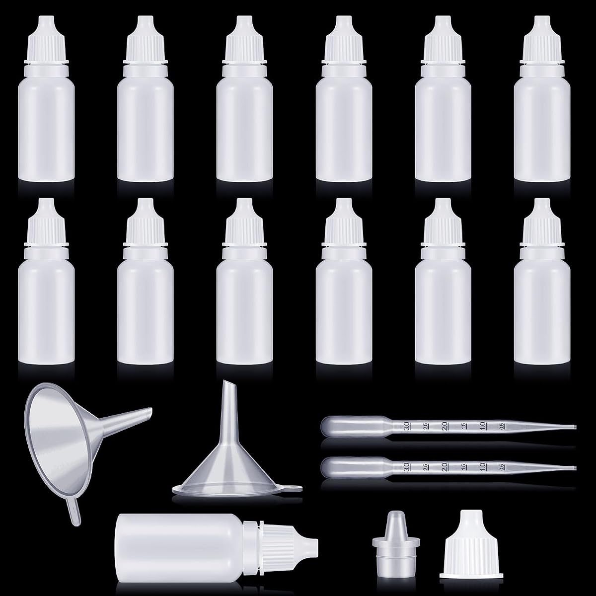 Uiifan 12 botellas cuentagotas de plástico de 1.0 fl oz, botella vacía con cuentagotas, pequeños recipientes de líquido exprimibles con tapa de rosca, 2 embudos, 2 herramientas de gota para aceites, esencia salina (blanco)