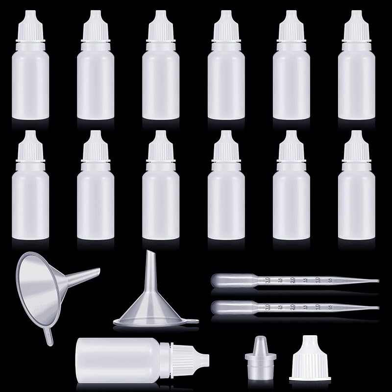 Uiifan 12 botellas cuentagotas de plástico de 1.0 fl oz, botella vacía con cuentagotas, pequeños recipientes de líquido exprimibles con tapa de rosca, 2 embudos, 2 herramientas de gota para aceites, esencia salina (blanco)