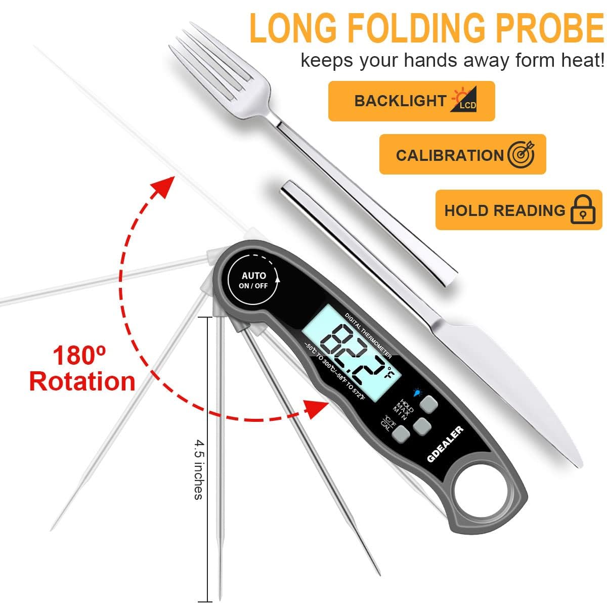 GDEALER DT09 Termometro digitale impermeabile a lettura istantanea per carne, ultra veloce, con sonda pieghevole da 11,7 cm, funzione di calibrazione per cucinare, caramelle, barbecue, fumatori